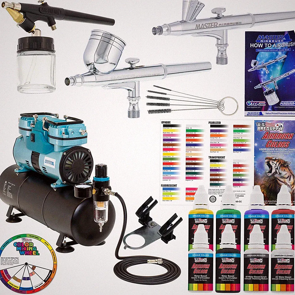 3 Master Airbrush 1/4hp Twin-Piston Air Compressor, 6 Color Acrylic Paint Set
