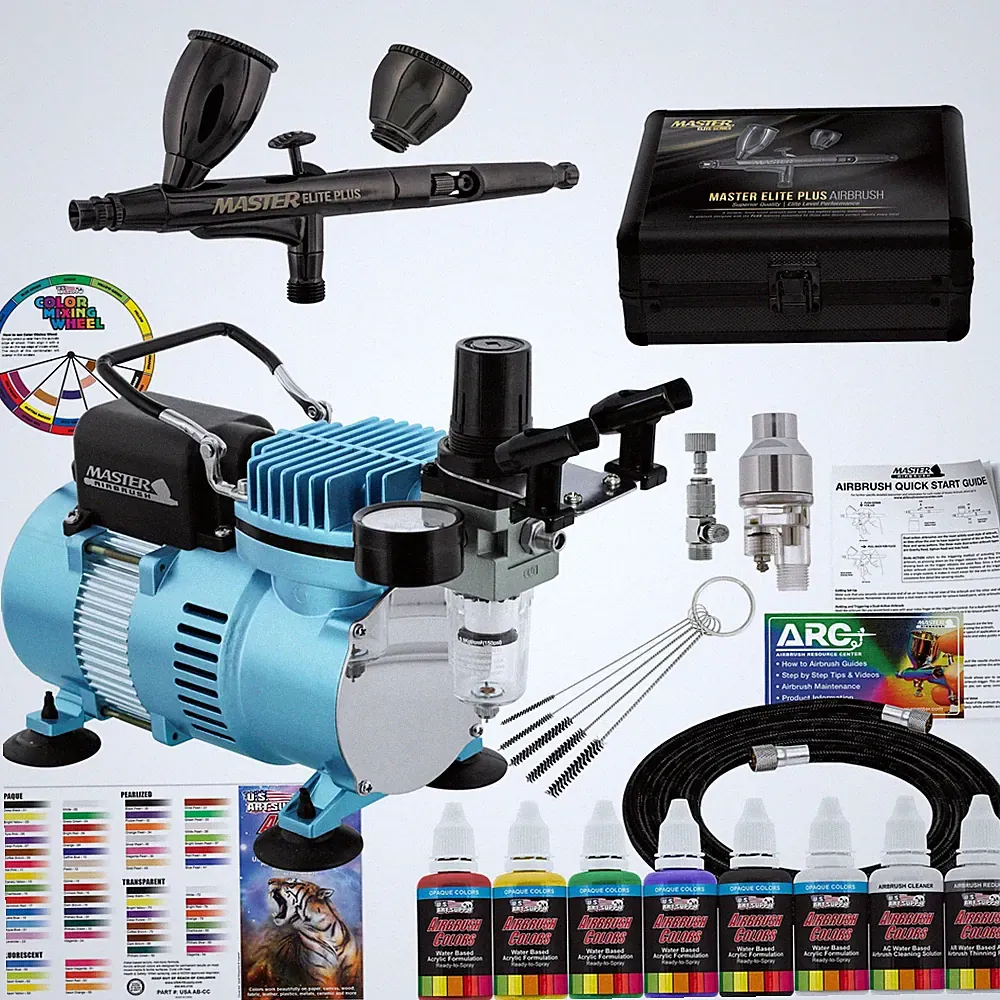 Air Compressor System Kit, Master Elite Plus Airbrush Set 6 Acrylic Paint Color