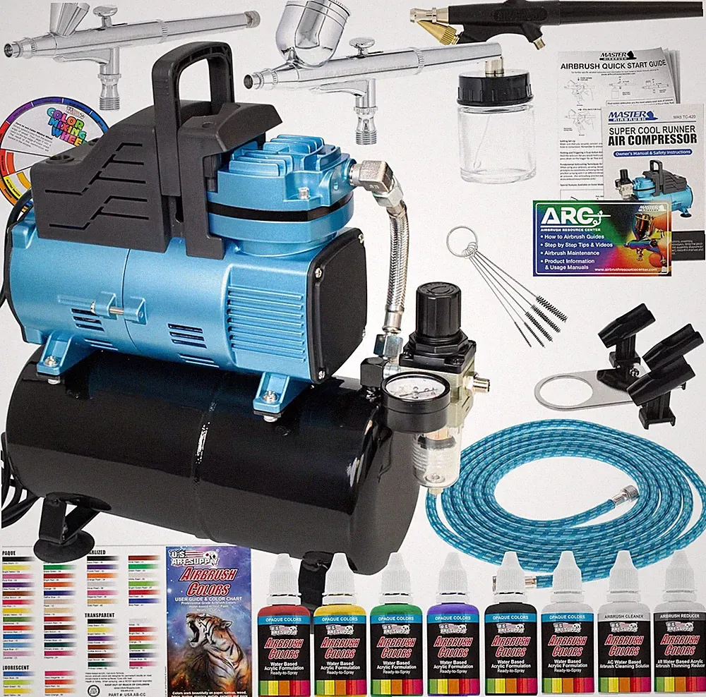 Cool Runner Dual Fan Air Compressor & 3 Airbrushes with Acrylic Paint Set