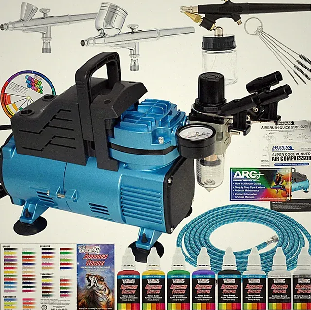 Cool Runner Dual Fan Air Compressor Kit with 3 Airbrushes & 6 Acrylic Colors