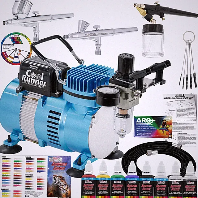 Master 3 Airbrush, Air Compressor & Hose Kit, 6 Primary Colors Acrylic Paint Set
