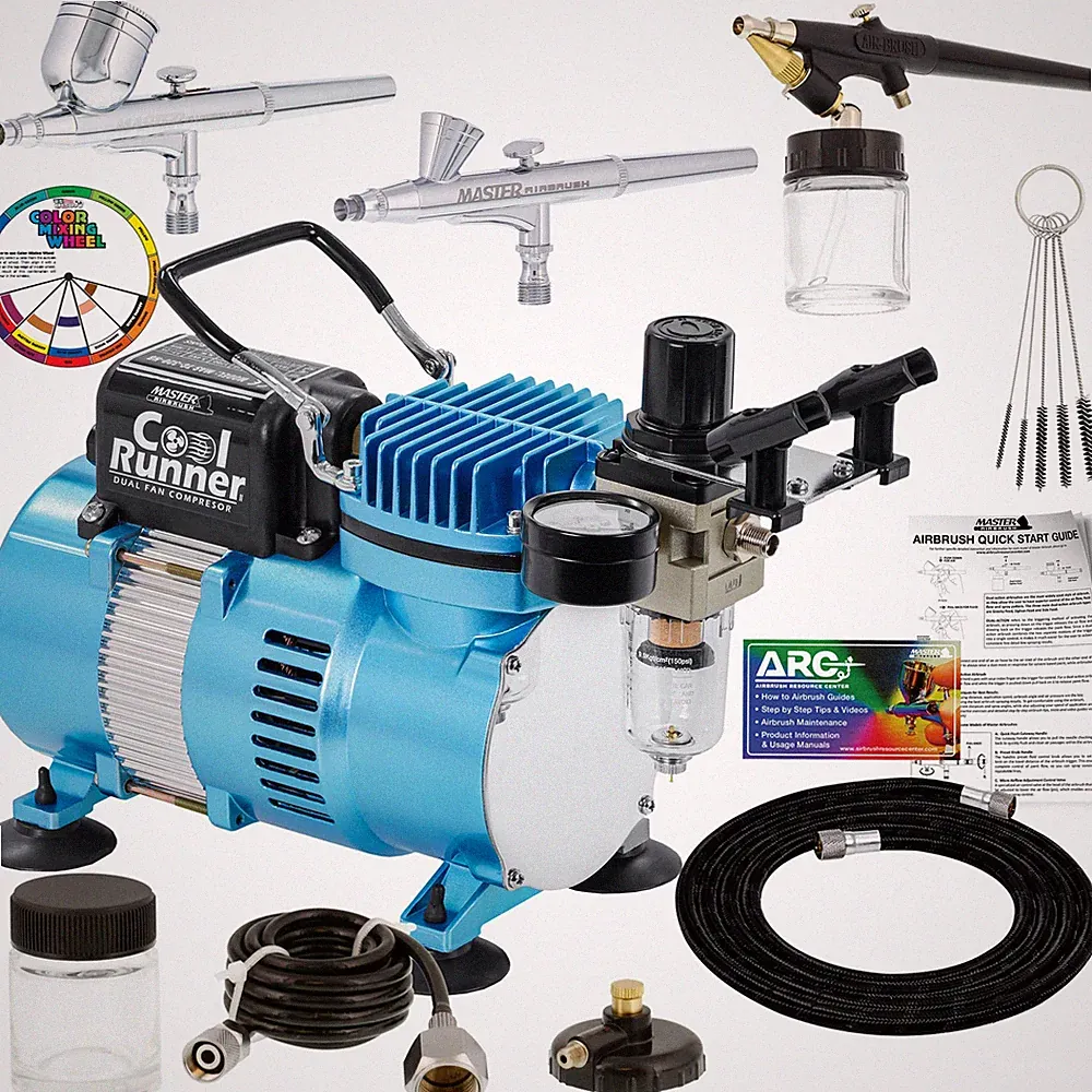 Master 3 Airbrush Dual Fan Air Compressor Professional Kit, Gravity Siphon Feed