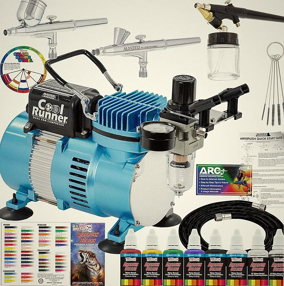 Master Airbrush Cool Runner II Air Brush Kit with Air Compressor Dual Fan, 3 Air