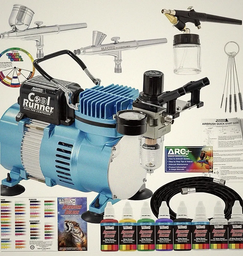 Master Airbrush Cool Runner II Air Brush Kit with Air Compressor Dual Fan