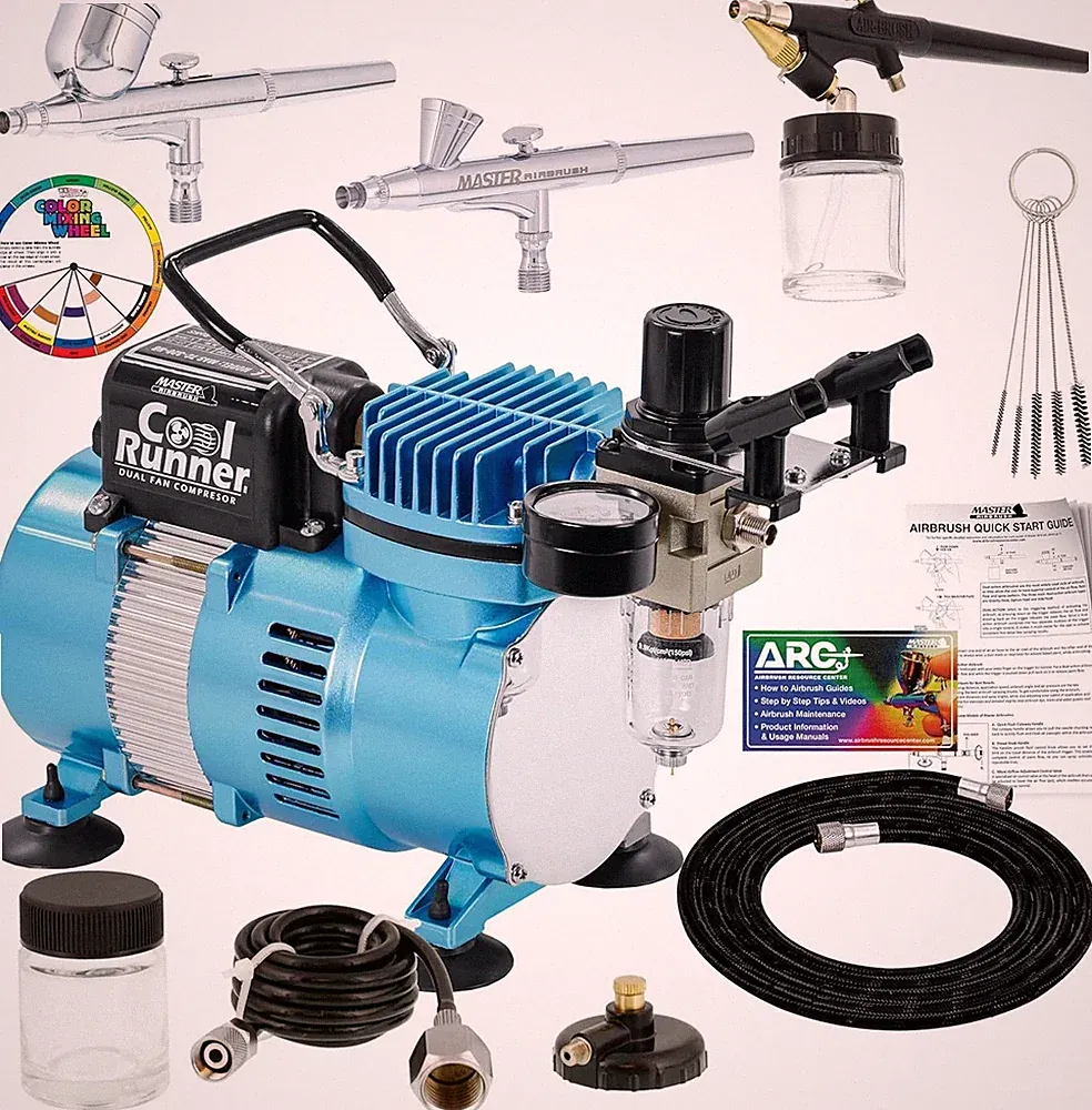 Master Airbrush Cool Runner II Airbrush Kit,Dual Fan Air Compressor, ‎Kit-SP2-20