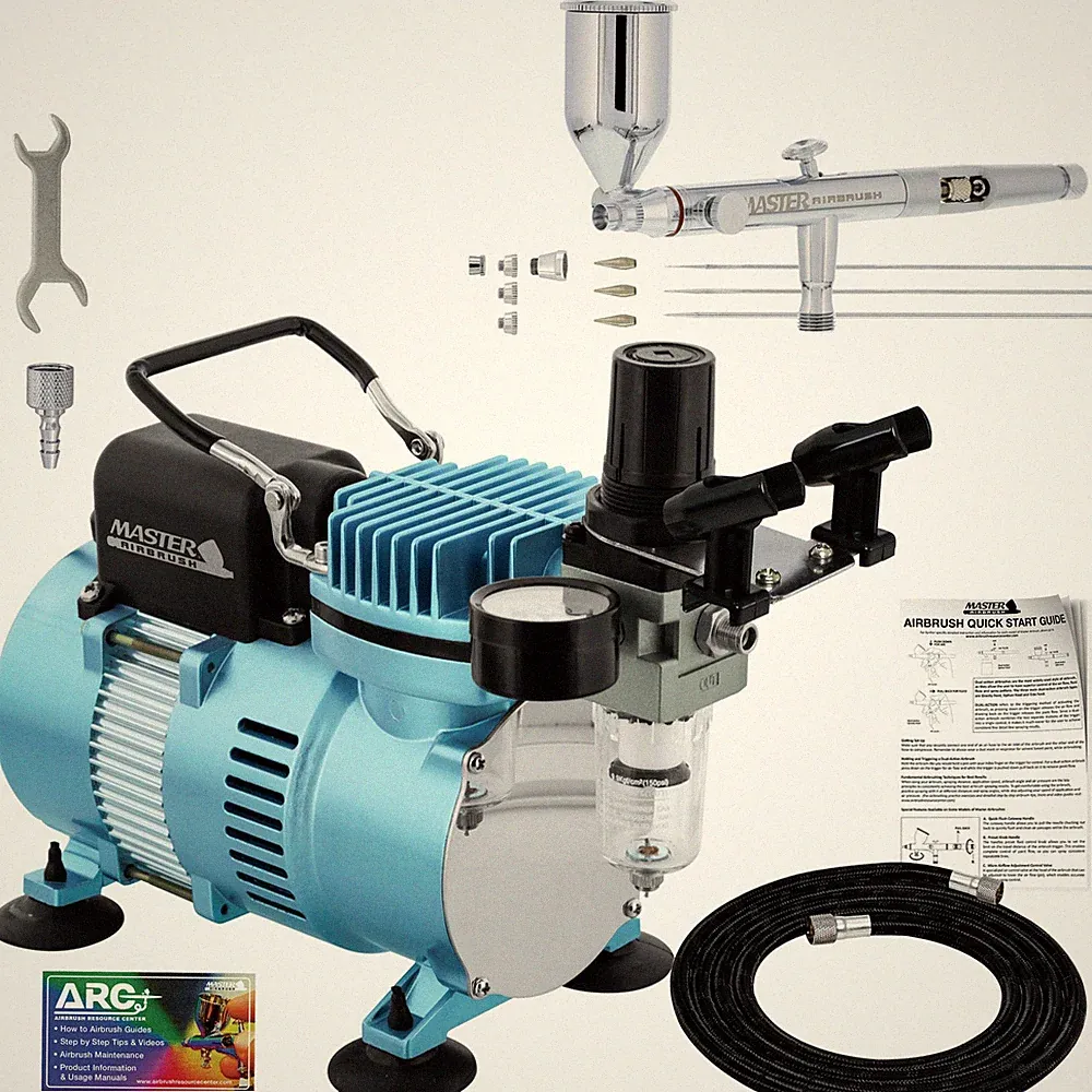 Master Airbrush SB88 Pro Set Side Feed Gravity Airbrush, Air Compressor, 3 Tips