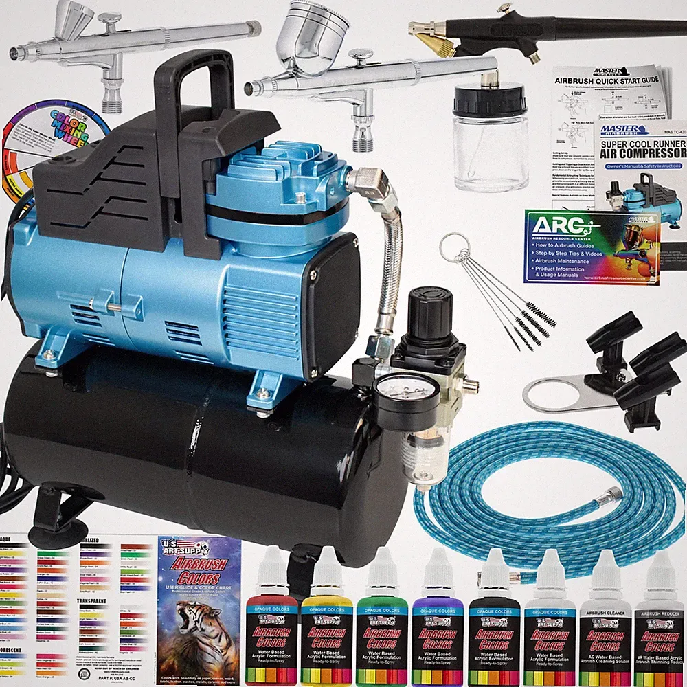 Master Airbrush Super Cool Runner Dual Fan Air Compressor Tank 3 Airbrush 6Paint