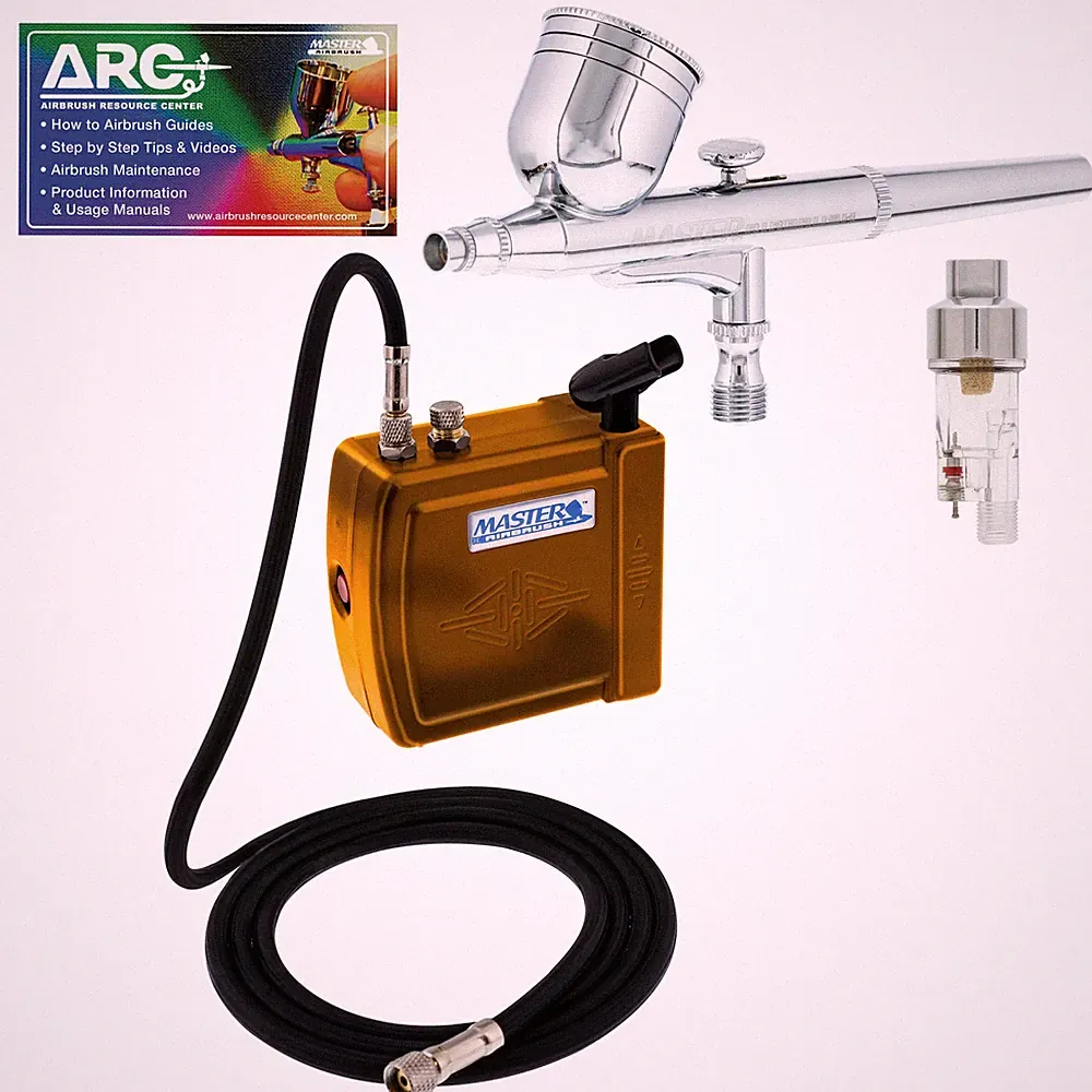 Master Gravity Feed Gold Airbrush Kit Mini Air Compressor, Hobby Craft Art Cake