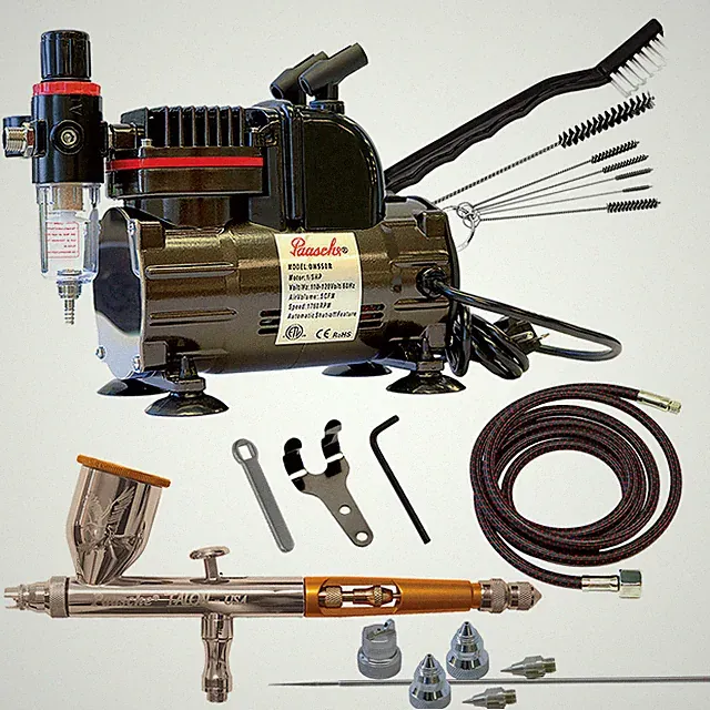 Paasche 1/5 HP Compressor w/ TG-3AS Gravity Feed Airbrush Set & Cleaning Brushes